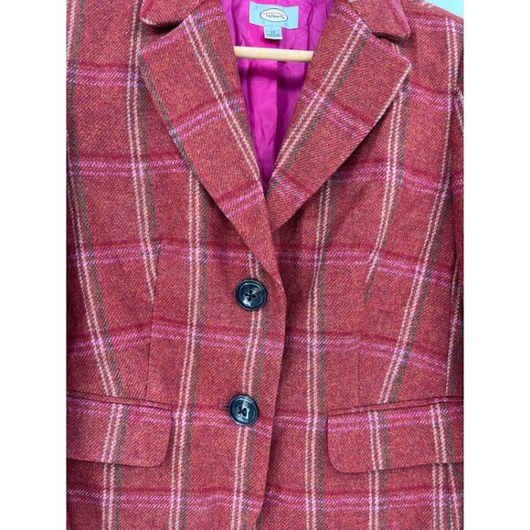 Talbots Womens 12 100% Wool Blazer Rust Orange Pink Plaid Peplum Back Academia - Picture 2 of 10